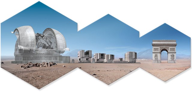 In this artwork is represented the E-ELT, the VLT and the Arc de Triomphe. Read more about the E-ELT on http://www.eso.org/public/teles-instr/e-elt/ The design for the E-ELT shown here was published in 2010 and is preliminary.